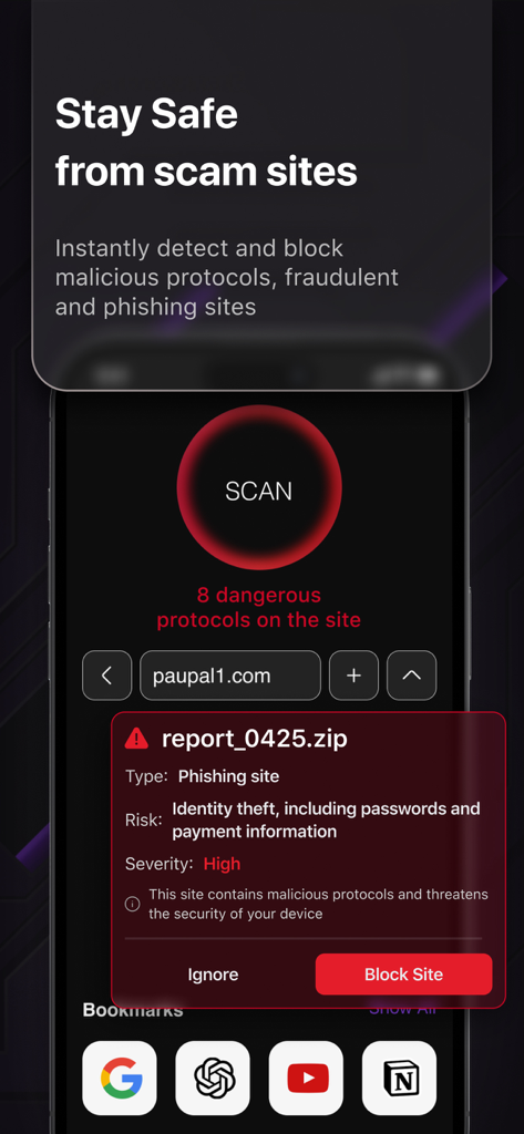 A mobile app interface displaying a warning alert for a phishing site with an option to block it for security.