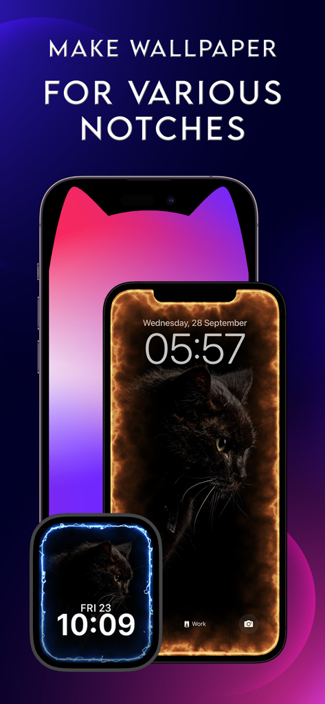 iPhone and Apple Watch showing custom cat wallpapers designed for various notch styles