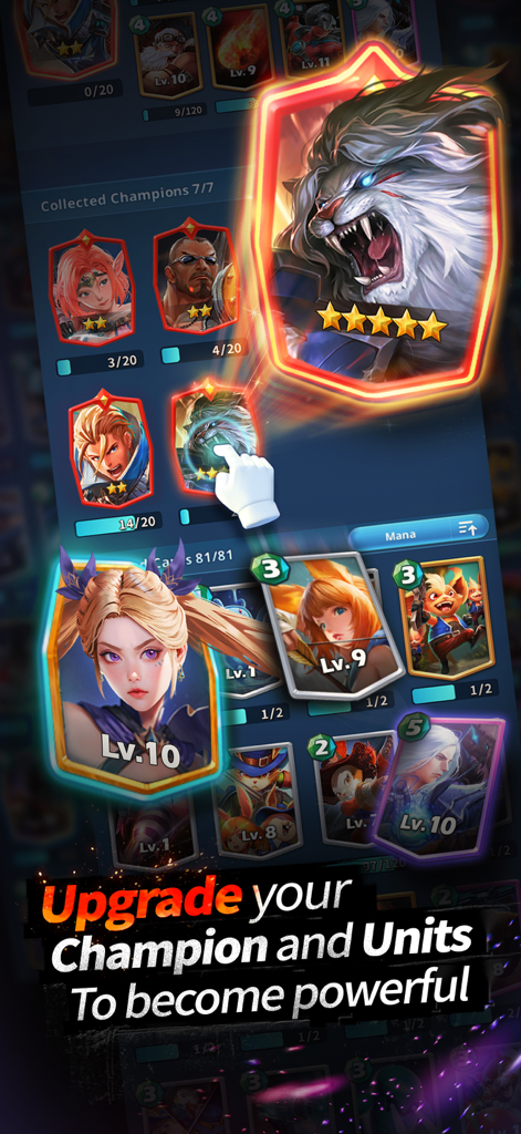 Champion Strike - PVP Arena - The character card upgrade menu in Champion Strike PVP Arena showing various fantasy heroes and a five star lion champion