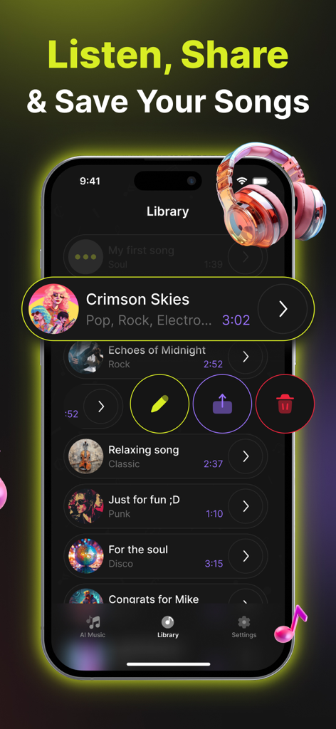 AI Song Generator & Music App - Interfaz de la biblioteca de la app Generador de Canciones IA que muestra una lista de canciones creadas y opciones para compartir.