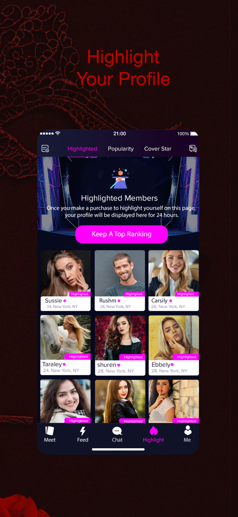 Kinkoo app interface showing a list of highlighted member profiles and a feature to boost profile ranking