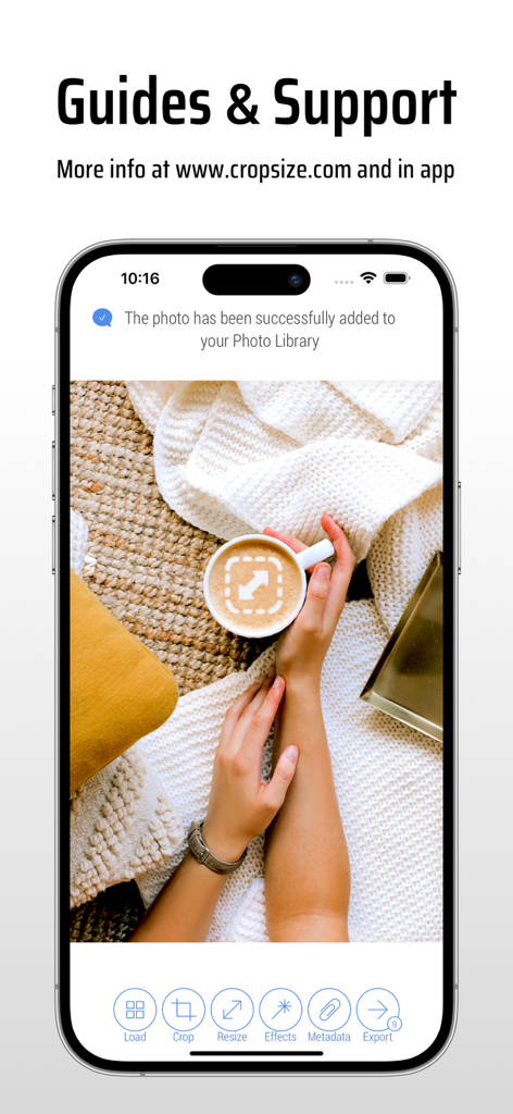 CropSize: Image Resizer Editor - iPhone screen displaying the CropSize app guides and support page with a successful photo save notification