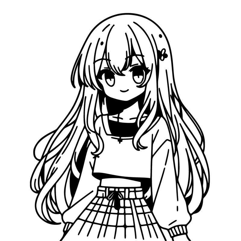 a anime girl with a crop top on and a skirt that has long hair