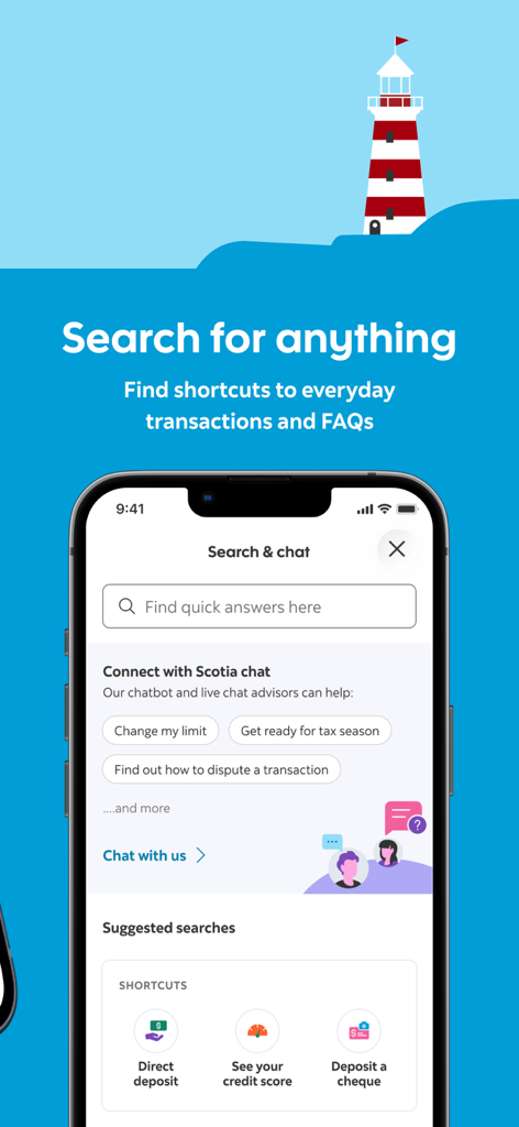Scotiabank - Interface de l'application Scotiabank affichant l'écran de recherche et de clavardage avec une fonction de chatbot et des raccourcis rapides pour les transactions