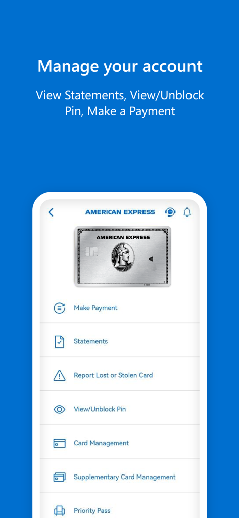 Amex MENA mobile app dashboard for account management showing card settings and statement options.