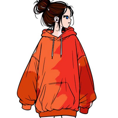 realistic girl with a oversized sweatshirt on and a bun