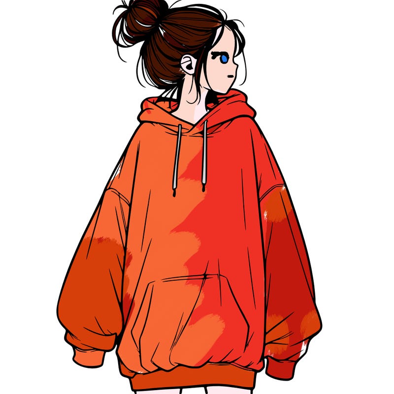 realistic girl with a oversized sweatshirt on and a bun