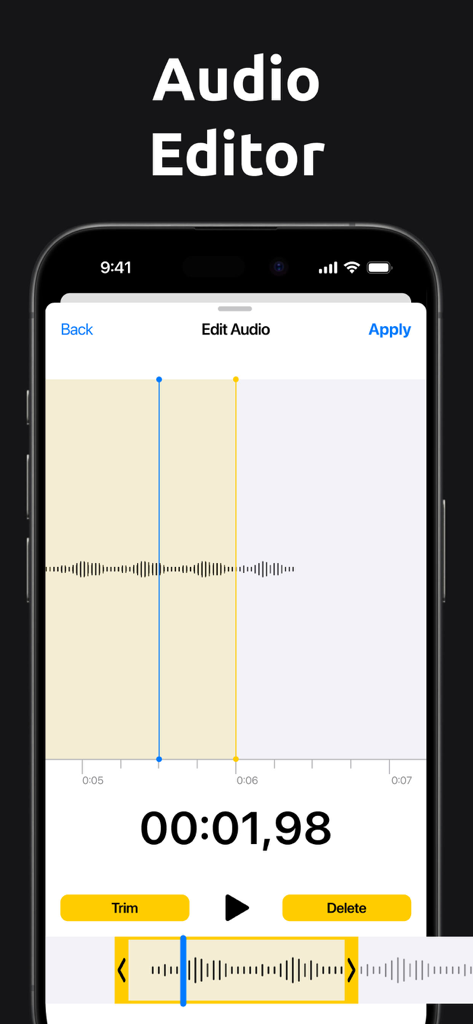 Voice Memos - Voice Recorderㅤ - Interfaz del editor de audio en la aplicación Voice Memos mostrando la forma de onda y las herramientas de recorte