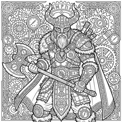 Journey to a world where ancient Norse power meets futuristic Victorian machinery with this unique Steampunk Viking Warrior coloring page. Discover an incredible fusion of intricate gears, formidable armor, and mystical runes, perfect for a captivating artistic escape.