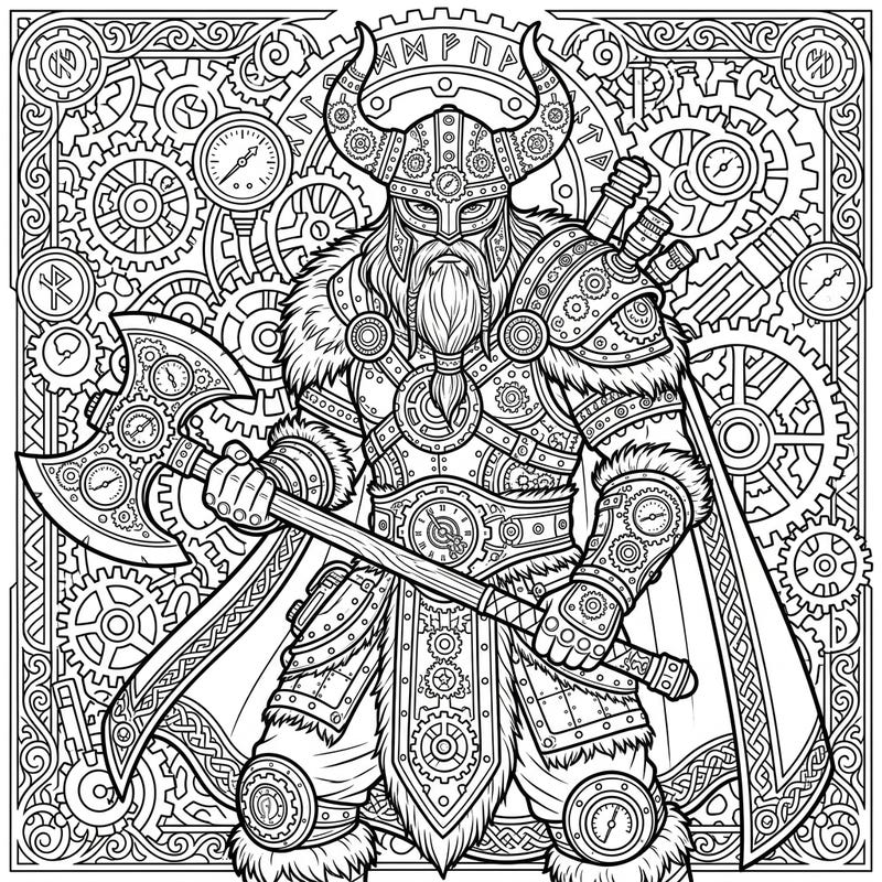 Journey to a world where ancient Norse power meets futuristic Victorian machinery with this unique Steampunk Viking Warrior coloring page. Discover an incredible fusion of intricate gears, formidable armor, and mystical runes, perfect for a captivating artistic escape.