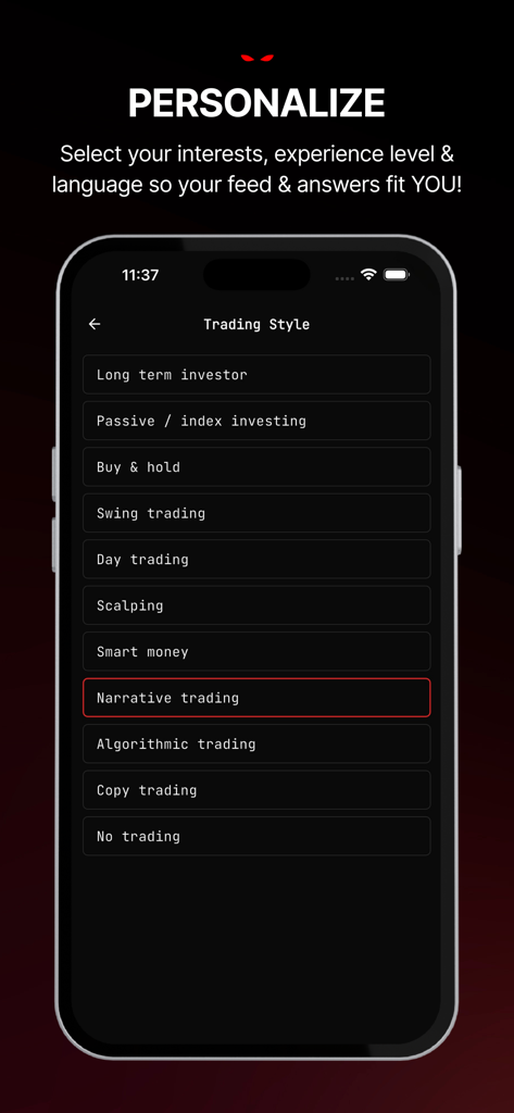 Neurobro app interface for personalizing news feed by selecting a trading style.