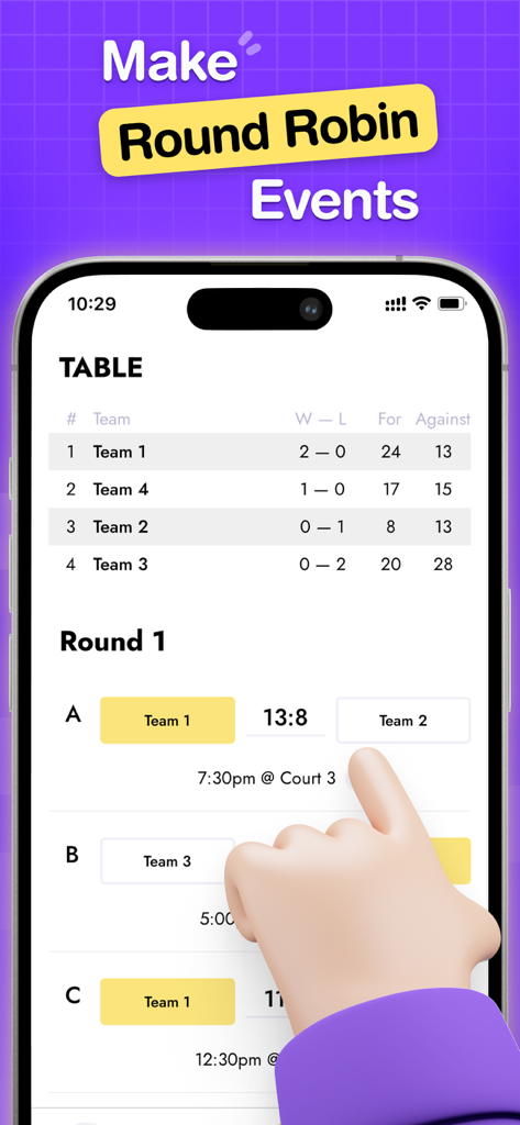 Uno schermo di smartphone che mostra le classifiche del torneo round robin e il programma delle partite nell'app My Bracket