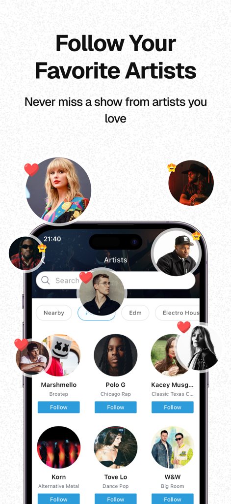 AllEvents mobile app screen displaying a list of musical artists to follow for upcoming events