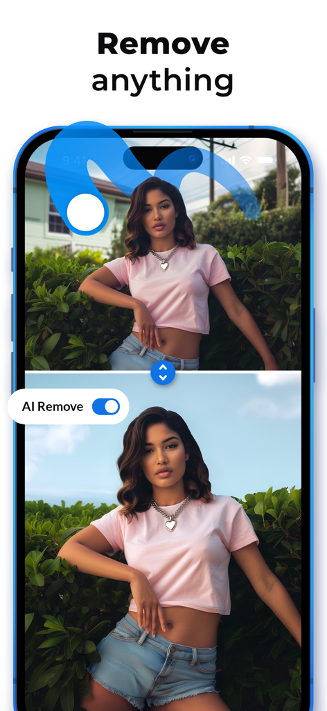 A before and after comparison showing the Facelab AI Remove feature clearing power lines from a photo background