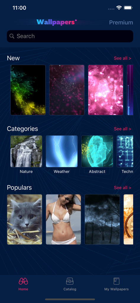 Live Wallpapers · - The home screen of the Live Wallpapers app featuring various background categories and trending designs.