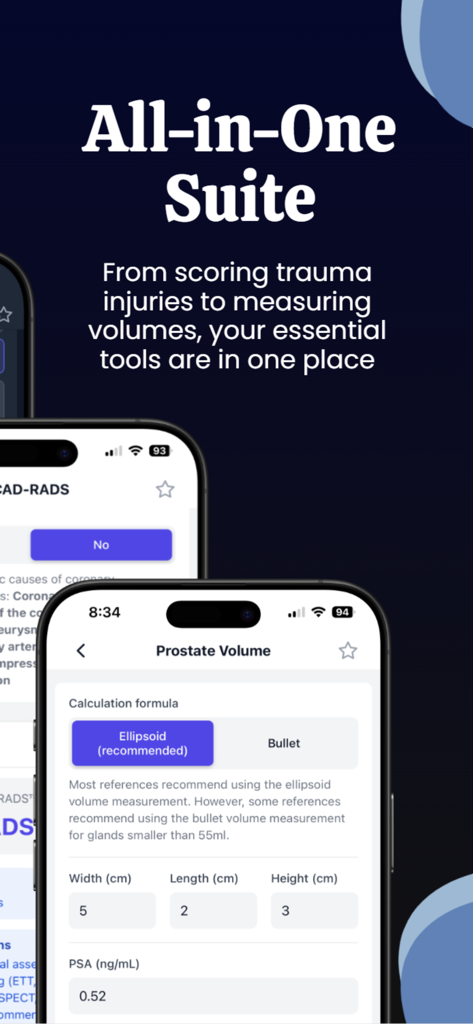 A promotional graphic for the Radiology Calculators app showcasing its suite of medical imaging tools including prostate volume and CAD-RADS scoring