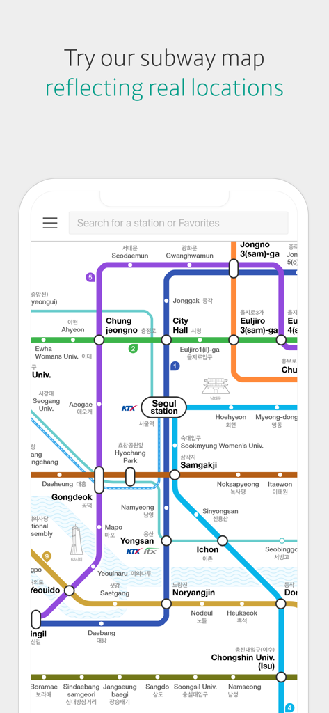 Schnittstelle der KakaoMetro-App mit einer detaillierten U-Bahn-Karte von Seoul mit realen Standorten und Wahrzeichen