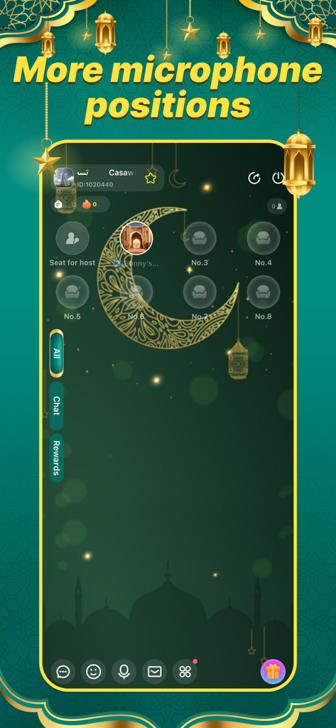 PotaLive voice chat room interface with multiple microphone positions and decorative lanterns