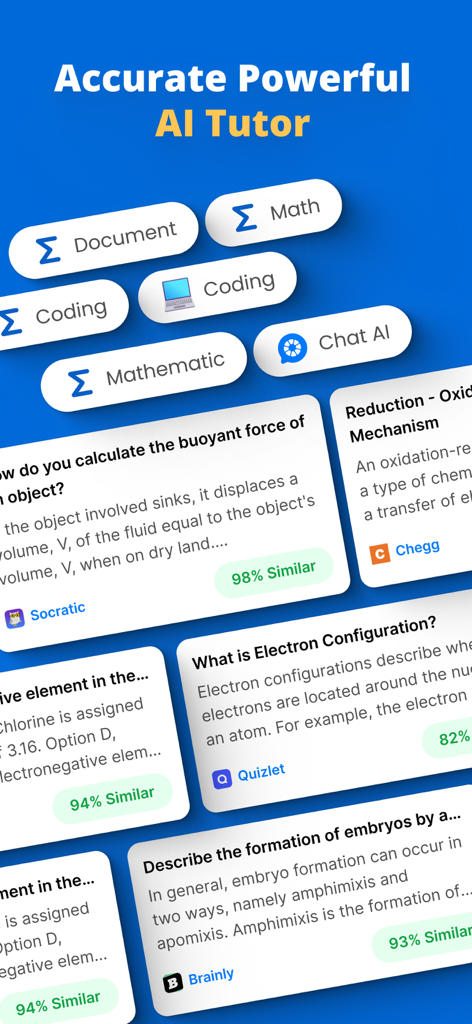 Interface of PhotoSolve showing AI tutor categories for math coding and science with example homework solutions