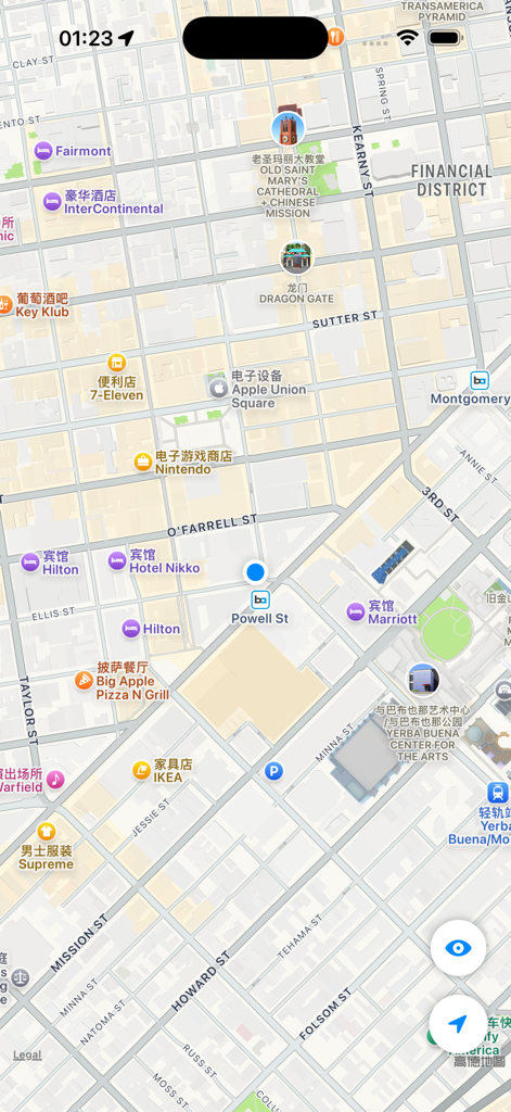 Map view of San Francisco with Chinese text labels in the Where is the Toilet app