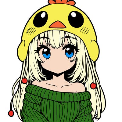 anime girl with chick shaped hat with sweater with bare shoulders with bangs covering them one eye with low tail