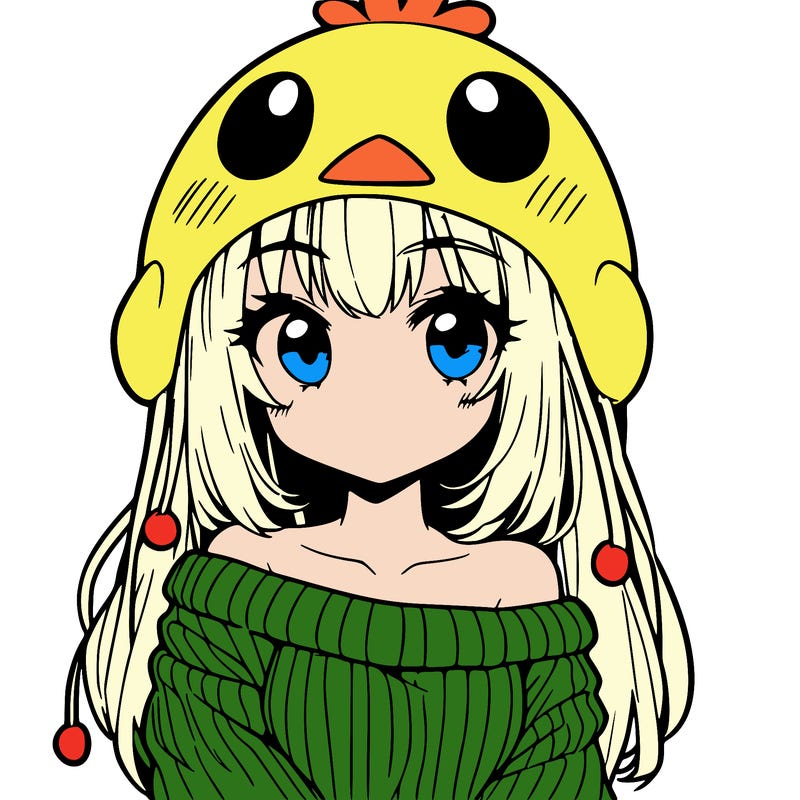 anime girl with chick shaped hat with sweater with bare shoulders with bangs covering them one eye with low tail