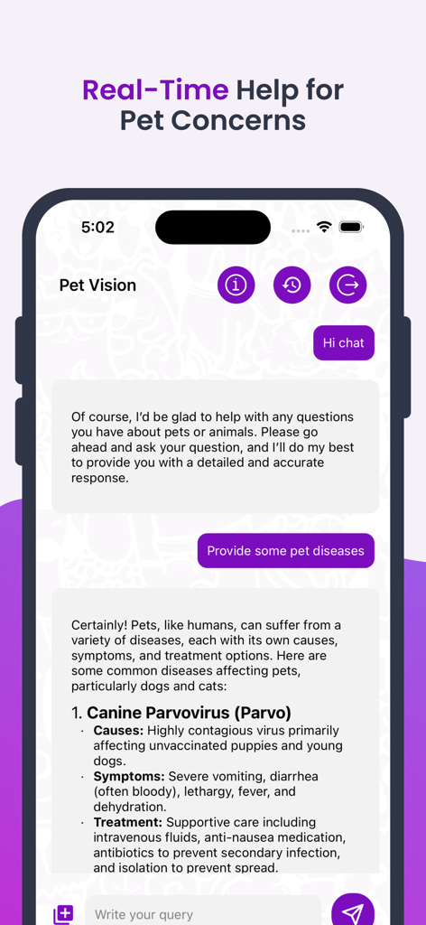 Petvis - Petvisアプリのチャットインターフェイス、犬パルボウイルスのようなペットの病気に関する獣医学情報を表示