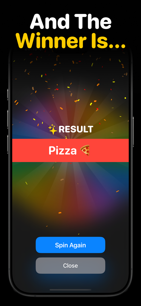 Wheel Spinner - Tiny Decision - Screenshot della schermata dei risultati dell'app Rotella dei Giri che mostra la pizza come vincitrice con animazioni di coriandoli.