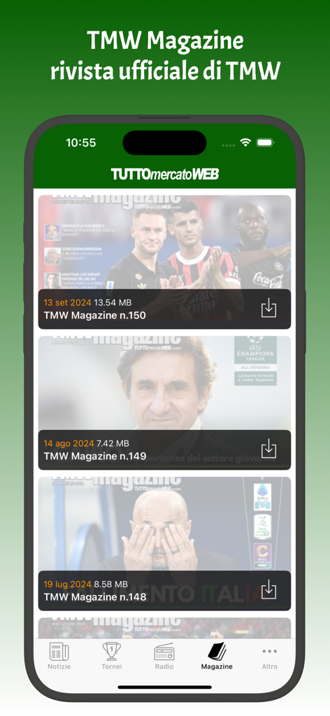 Una lista de números de revistas de fútbol descargables dentro de la interfaz de la aplicación TuttoMercatoWeb.