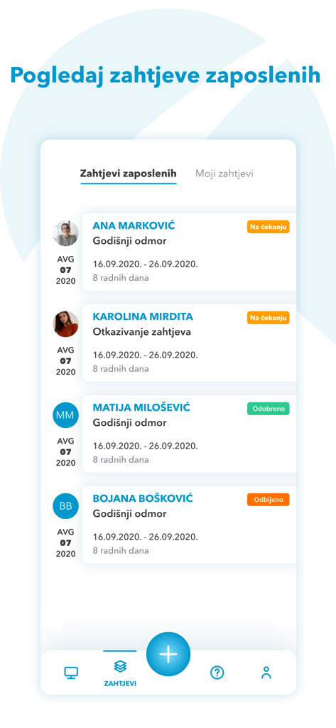 Interface da App Away a mostrar uma lista de pedidos de folgas dos funcionários com distintivos de estado para pendente, aprovado e rejeitado