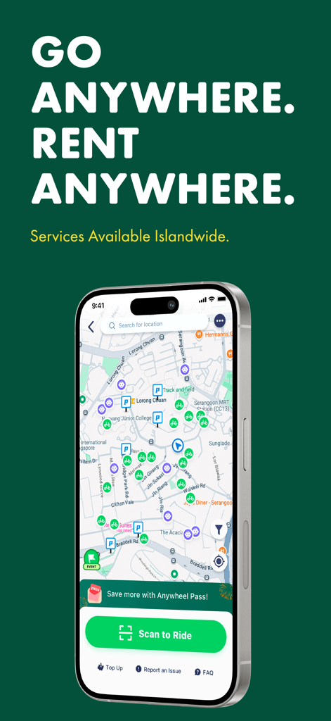Anywheel mobile app displaying a map of available bikes for rent with a Scan to Ride button