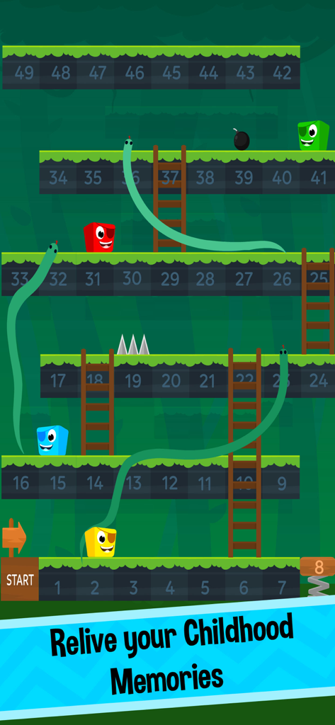 A platformer style Snakes and Ladders board game featuring colorful characters and ladders on a forest background.