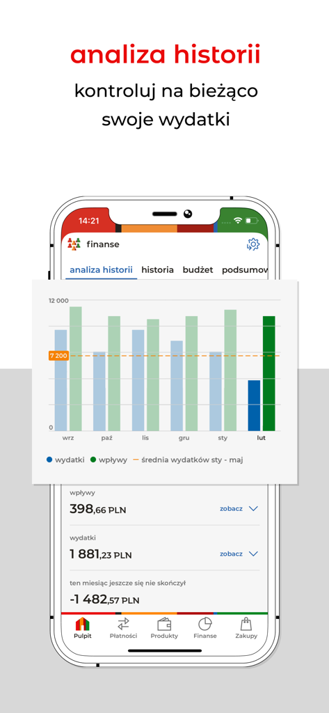 mBank PL - Twój bank i finanse - mBank mobile app screen showing a bar chart of monthly income and expenses for financial tracking