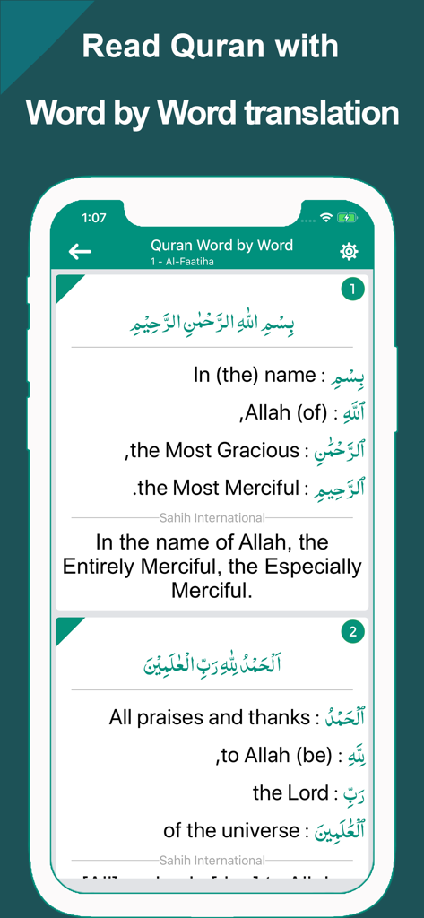 Interfaccia dell'app Corano che mostra la traduzione parola per parola in inglese per la Surah Al-Fatiha