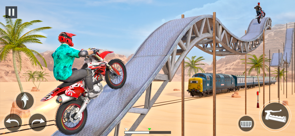 Bike Stunt 3D Race Bike Games - Um piloto de moto em uma mega rampa de metal ondulada em um jogo de acrobacias de moto 3D ambientado em um deserto com um trem ao fundo.