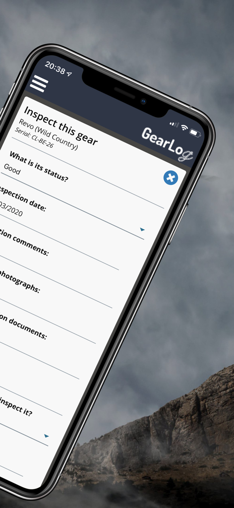 GearLog mobile app interface showing a gear inspection form for outdoor equipment