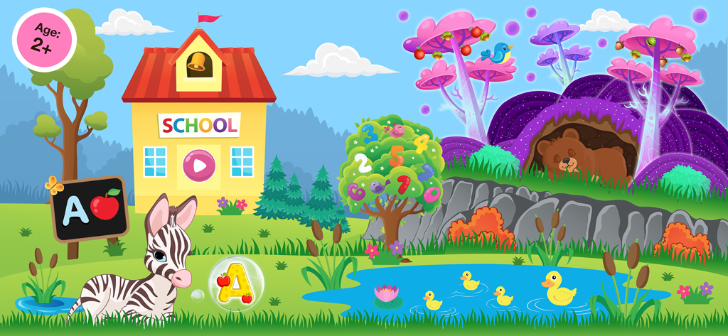 123 Bubble Kids Learning Games - Home screen of 123 Bubble Kids Learning Games featuring a colorful cartoon landscape with a school building, a zebra, and educational bubbles for toddlers.
