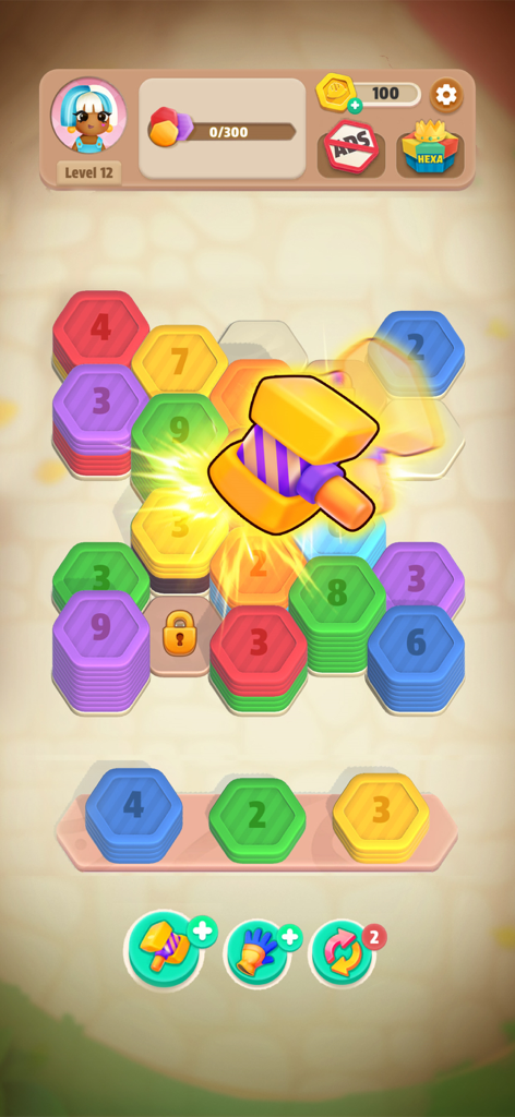 Hexa Stack: Color Sort Puzzle - Hexa Stack Color Sort Puzzle gameplay with colorful hexagonal tiles and a hammer power-up booster