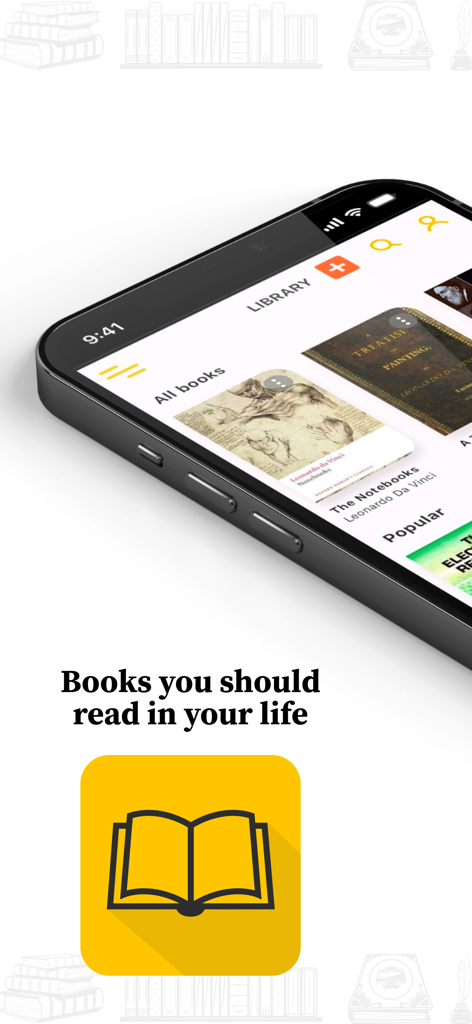 스마트폰 화면에 미니멀리스트 인터페이스와 노란색 책 아이콘이 있는 인생에서 꼭 읽어야 할 책 앱의 도서관 섹션이 표시됨