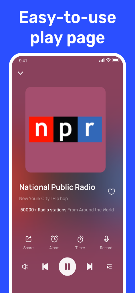 FM Radio - Local Radio - Interface of the FM Radio app showing a play page for National Public Radio with playback controls and a sleep timer