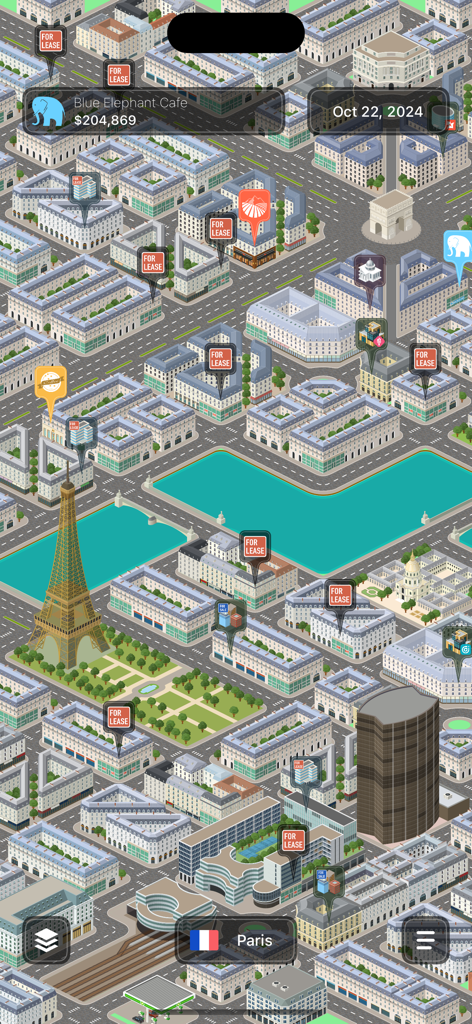 Coffee Inc 2 - Isometric city map of Paris in Coffee Inc 2 showing available real estate leases and the Eiffel Tower