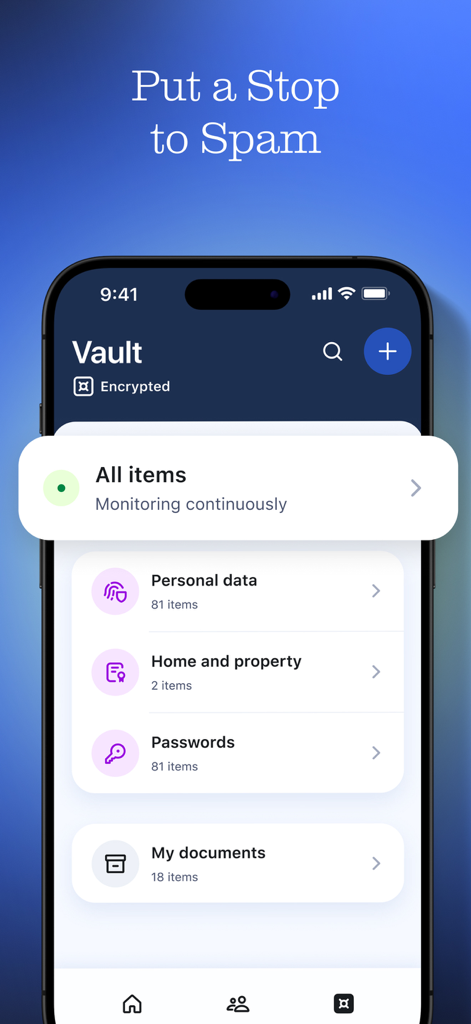 A mobile screen showing Aura's secure Vault with categories for personal data, passwords, and documents under continuous monitoring.