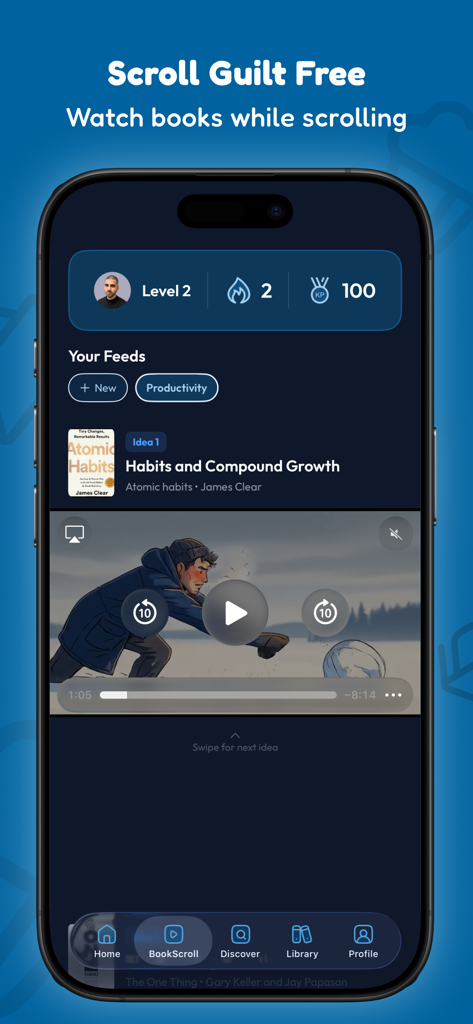 Interfaz de la aplicación BookWatch que muestra un resumen de video animado del libro Hábitos Atómicos