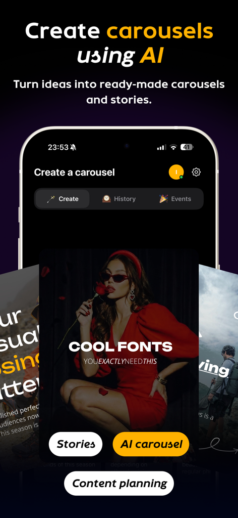 Carousel Collage AI: Carousai° - Interfaccia di un'app mobile di Carousai che mostra funzionalità di creazione caroselli AI e storie per social media per content creator.