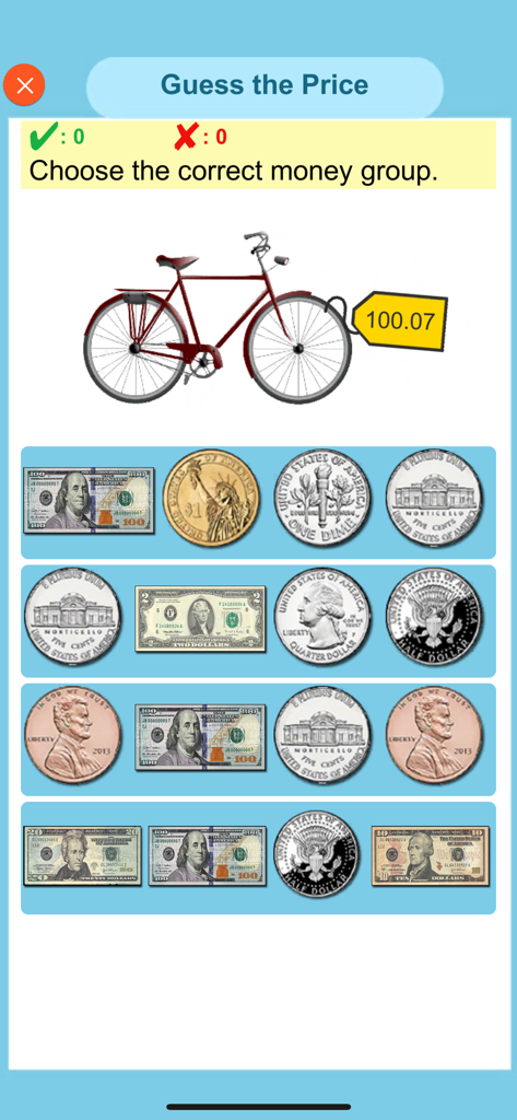 Learn Money Counting - Pädagogischer Spielbildschirm aus der App Geldzählen lernen, auf dem Kinder US-Banknoten und Münzen dem Preis eines Fahrrads zuordnen