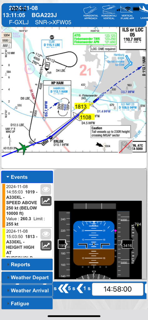 Vortex Mobile - Vortex Mobile app screen displaying flight path replay on an aeronautical chart with recorded safety events and primary flight display.