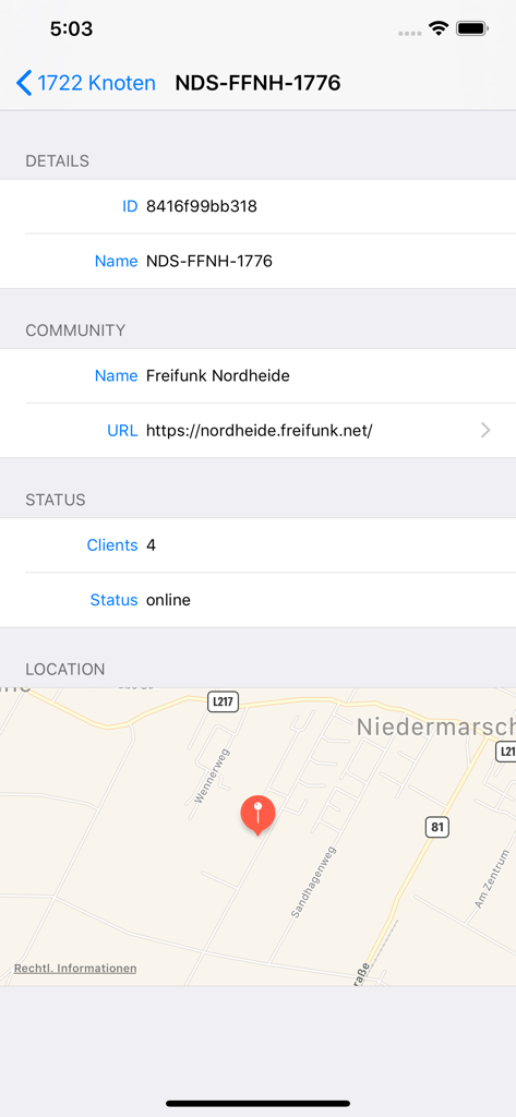 Freifunk - Details page of a Freifunk Wi-Fi node showing community information status and location map