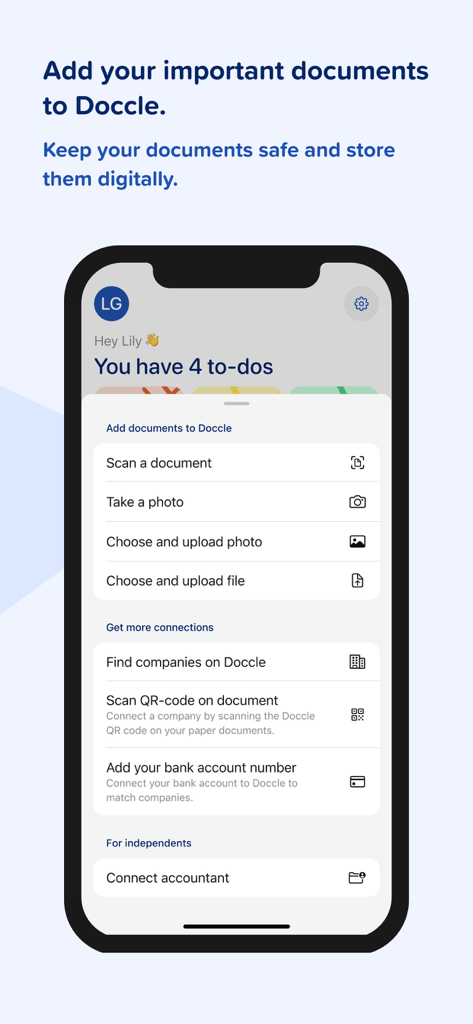 Mobile screen of the Doccle app showing various options to scan and upload documents for digital storage.