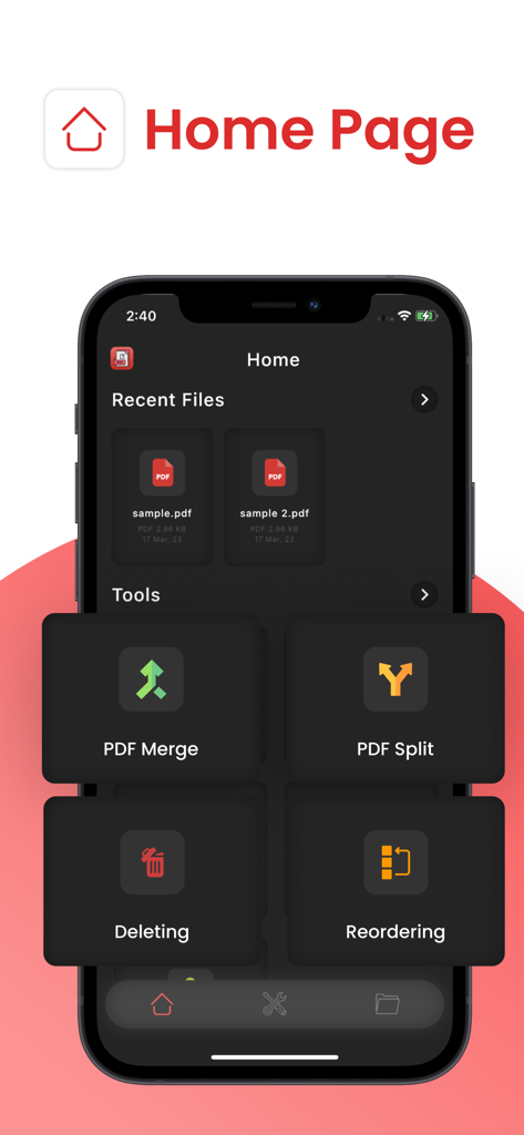 PDF Utils - Split,Merge & More - Home screen of PDF Utils app showing PDF merge split delete and reorder options
