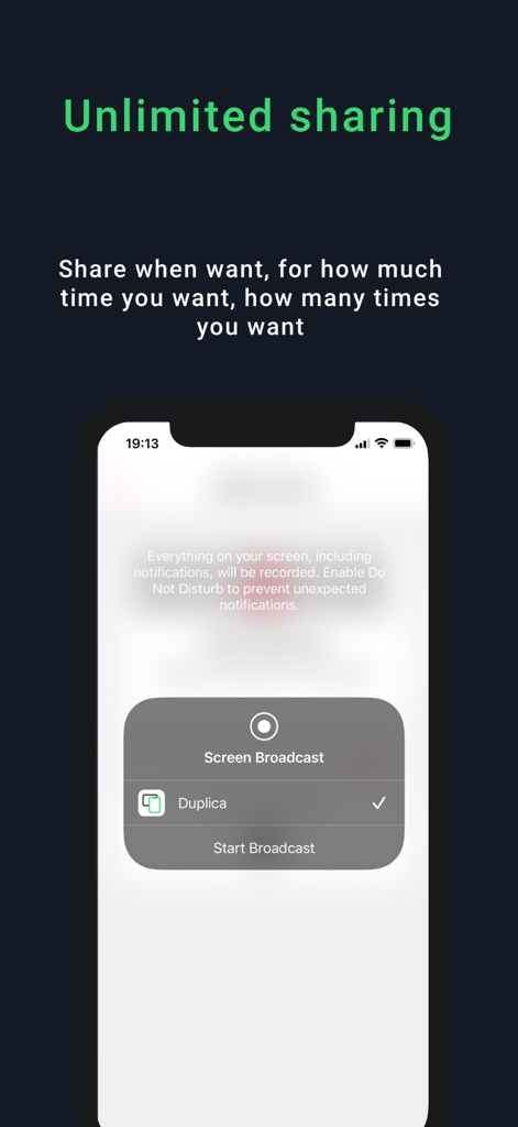 Duplica - iOs Share Screen - Interfaz del sistema de iPhone para transmisión de pantalla con la aplicación Duplica seleccionada y texto de uso compartido ilimitado